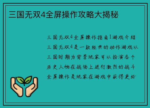 三国无双4全屏操作攻略大揭秘